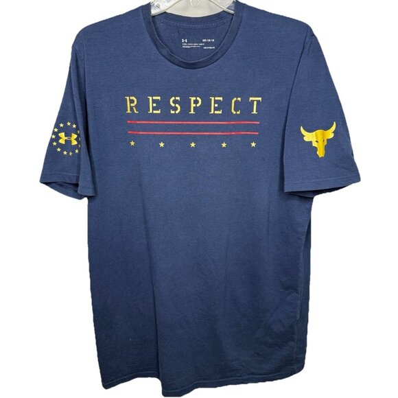 Under‎ Armour Project Rock Respect Mens Medium Tee Blue HeatGear Bull Logo Shirt - Picture 1 of 7